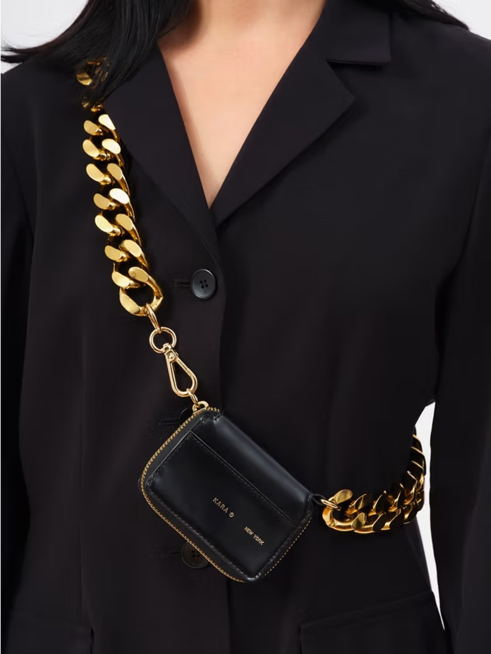 Kara New York Bike Wallet Black Leather Chunky Gold curb Chain Crossbody Bag